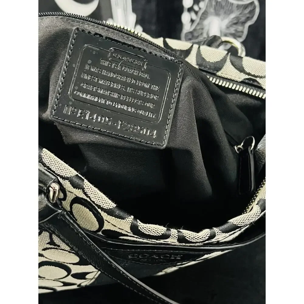 Coach F28504 Signature Stripe 12CM Tote Black White Logo Canvas Patent Trim